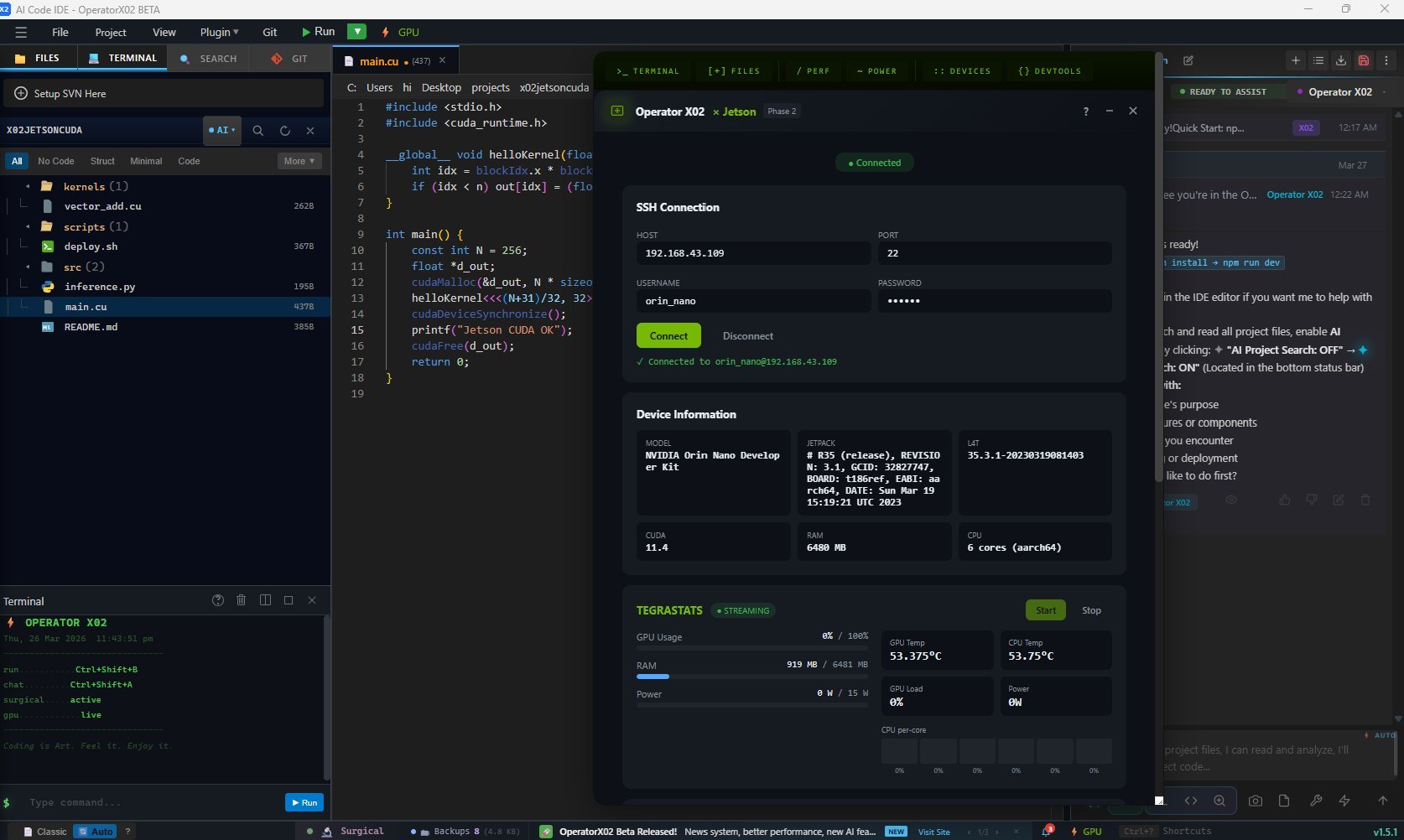 Operator X02 IDE — Jetson Panel with SSH connection, Device Info, and Tegrastats live streaming
