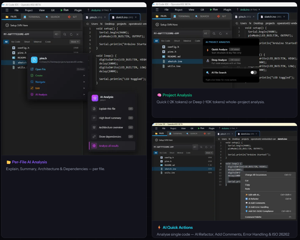 OperatorX02 IDE features — Per-File AI Analysis, Project Analysis, and AI Quick Actions
